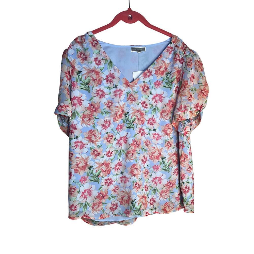 Pleione V-Neck Floral Top Short Sleeves Pullover Lined Multicolor Womens Large
